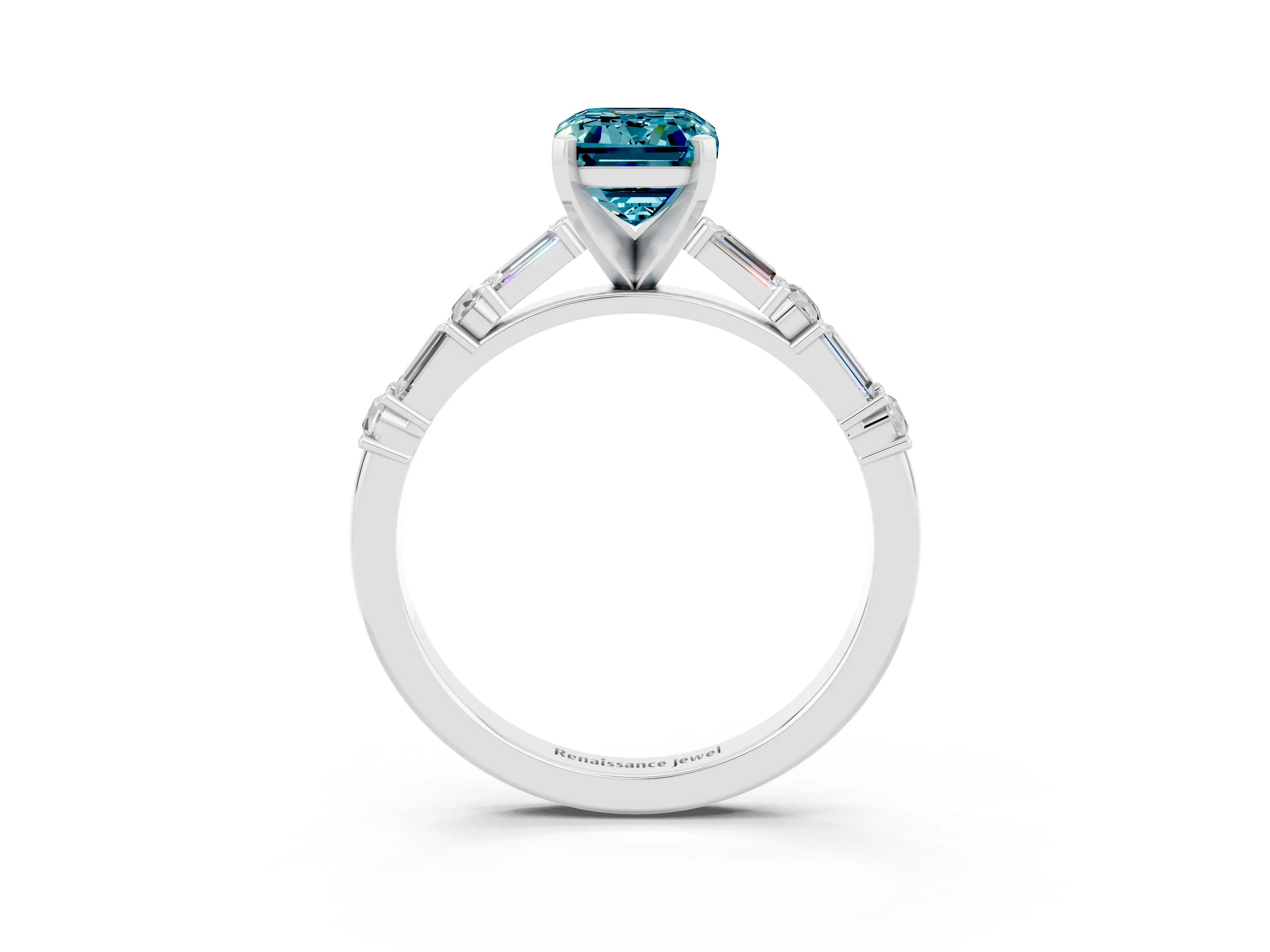 White gold Emerald Cut Blue Topaz Solitaire with Side Baguettes and Channel Set Band_3