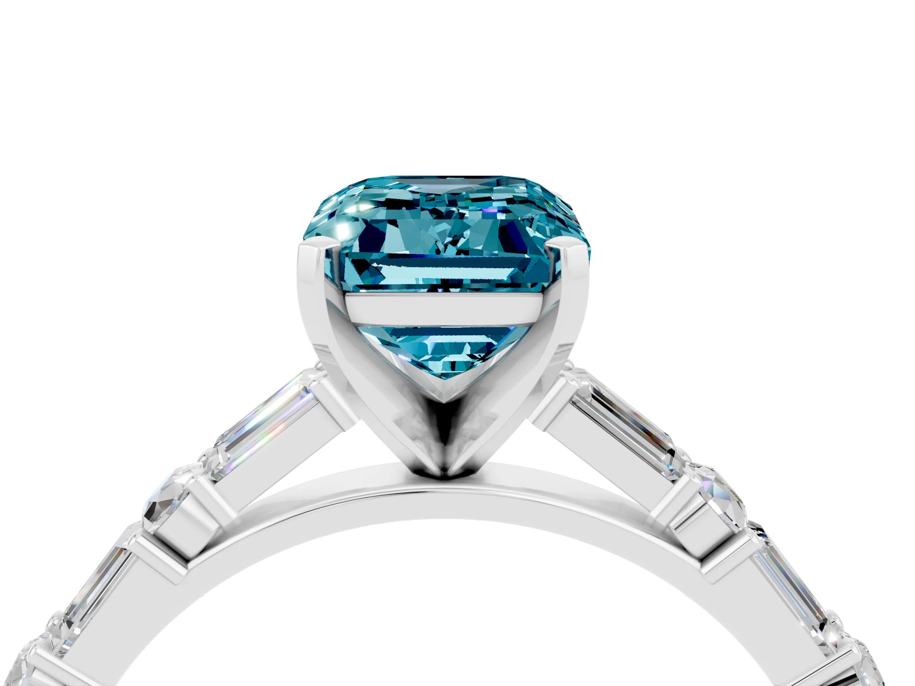 White gold Emerald Cut Blue Topaz Solitaire with Side Baguettes and Channel Set Band_4