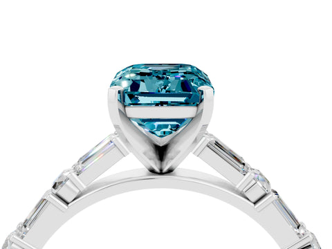 White gold Emerald Cut Blue Topaz Solitaire with Side Baguettes and Channel Set Band_4