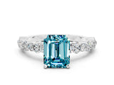 White gold Emerald Cut Blue Topaz Solitaire with Side Stones, Pave Band, Four-Prong Setting_48