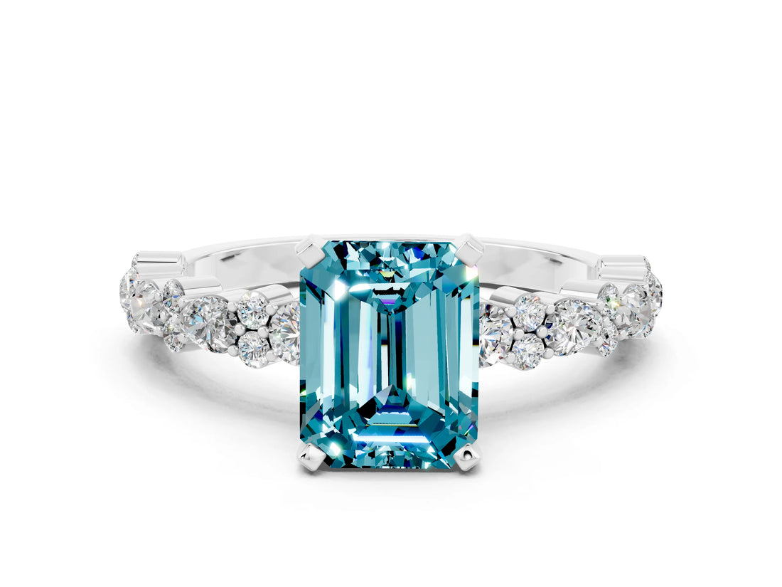 White gold Emerald Cut Blue Topaz Solitaire with Side Stones, Pave Band, Four-Prong Setting_48