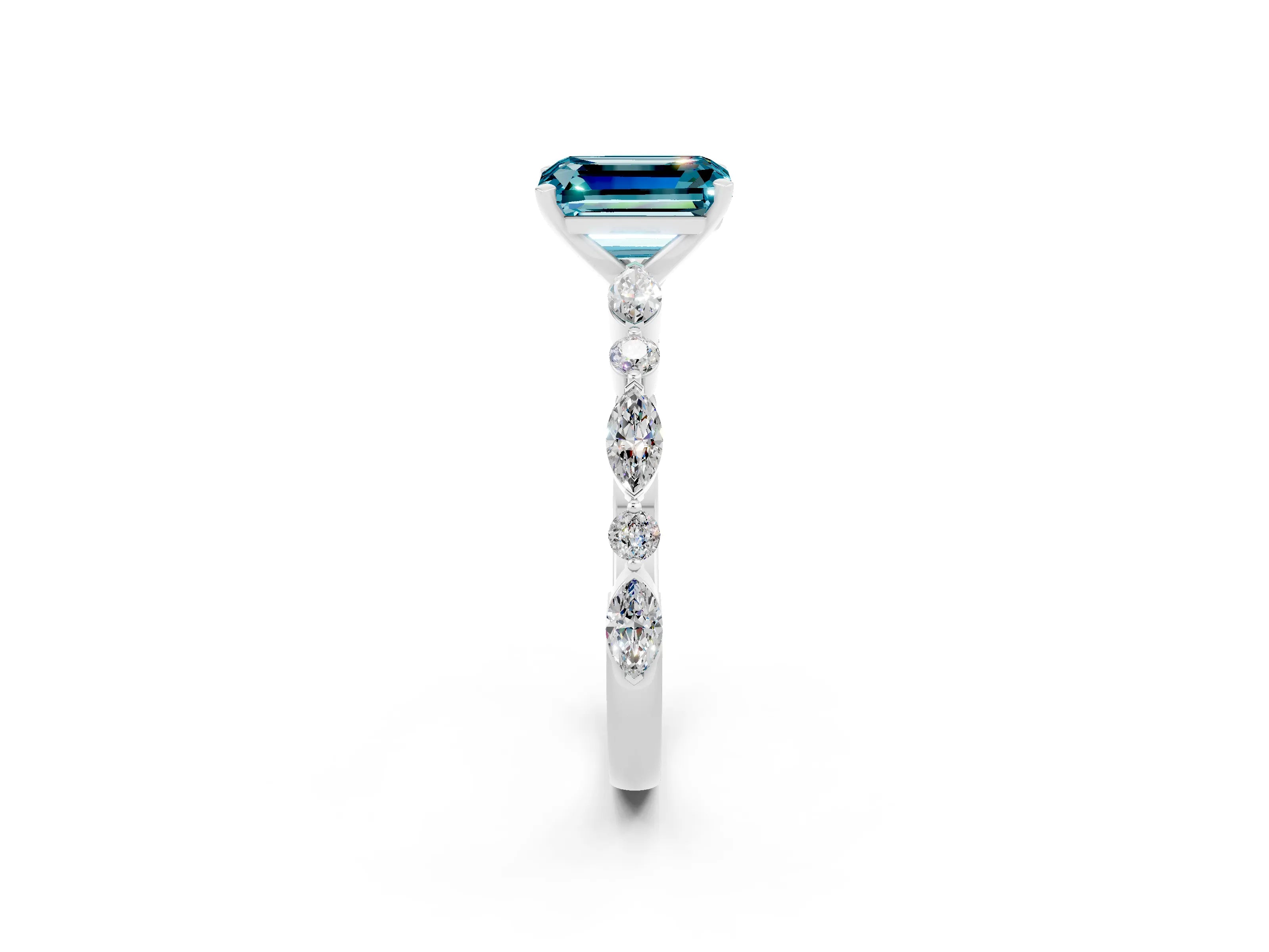White gold Emerald Cut Blue Topaz Solitaire with Side Stones on a Pavé Band and Four-Prong Setting_2