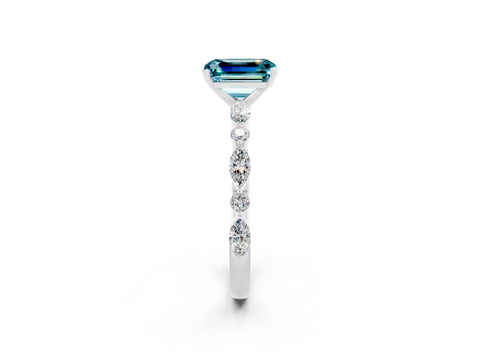 White gold Emerald Cut Blue Topaz Solitaire with Side Stones on a Pavé Band and Four-Prong Setting_2
