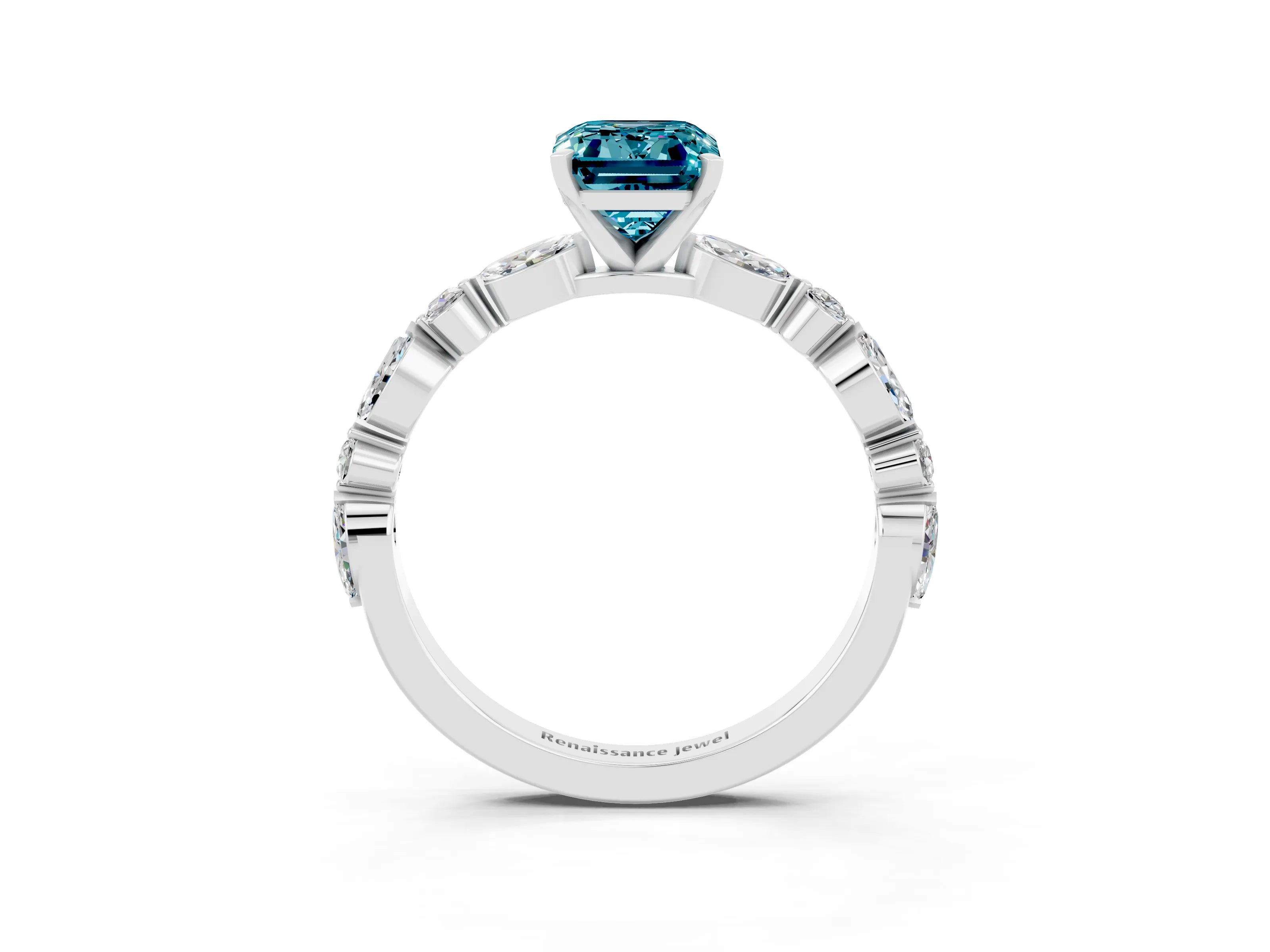White gold Emerald Cut Blue Topaz Solitaire with Side Stones on a Pavé Band and Four-Prong Setting_3