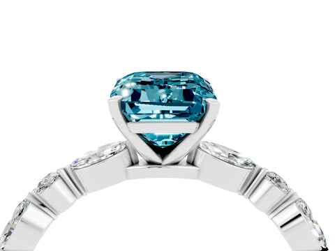 White gold Emerald Cut Blue Topaz Solitaire with Side Stones on a Pavé Band and Four-Prong Setting_4