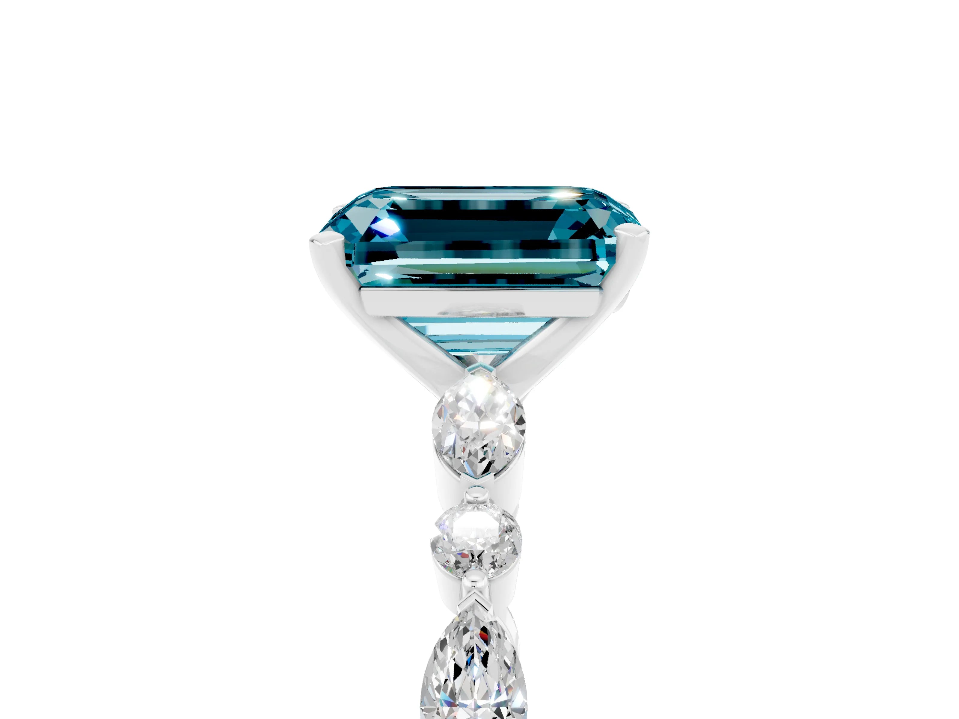White gold Emerald Cut Blue Topaz Solitaire with Side Stones on a Pavé Band and Four-Prong Setting_5