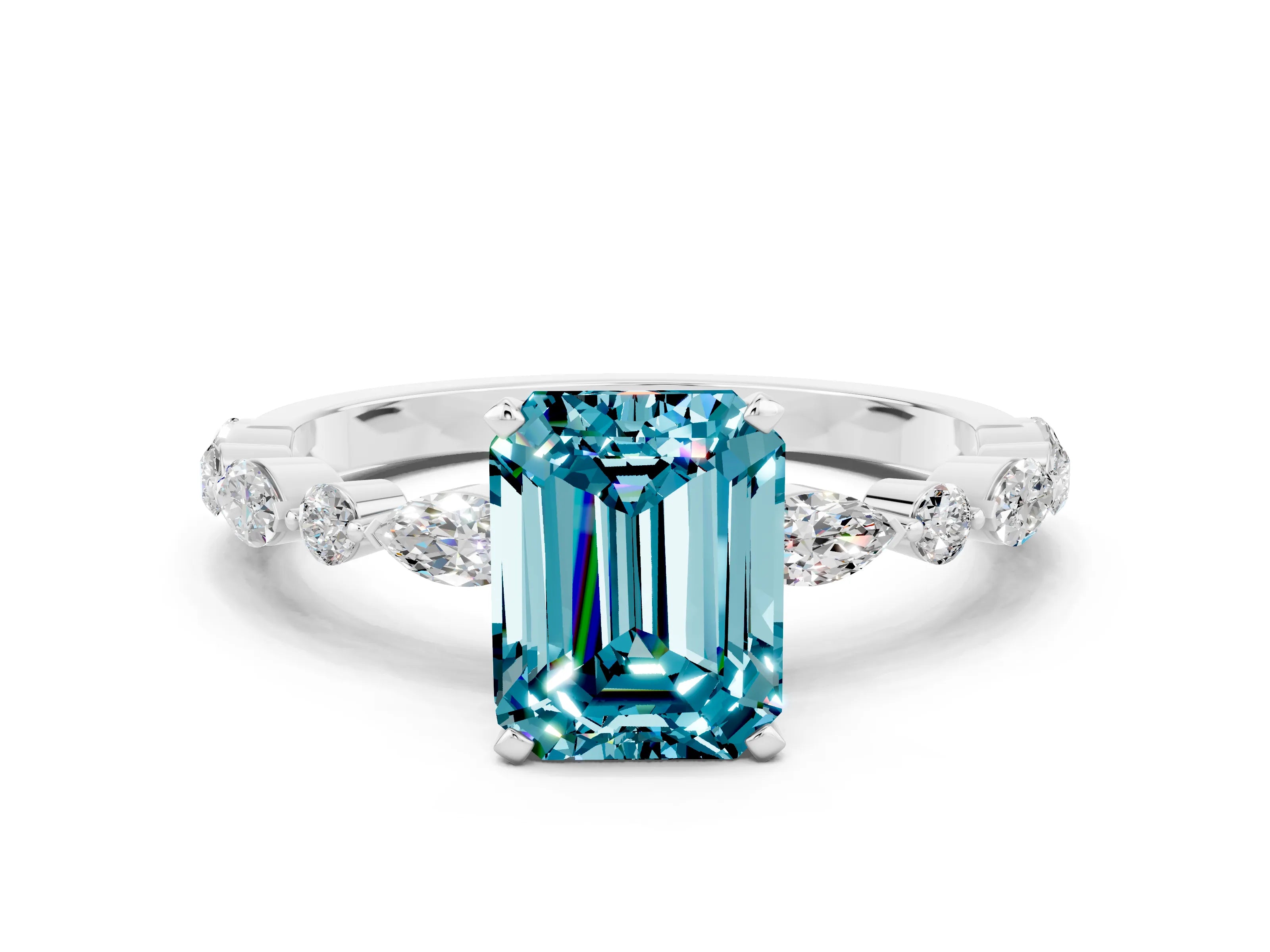 White gold Emerald Cut Blue Topaz Solitaire with Side Stones on a Pavé Band and Four-Prong Setting
