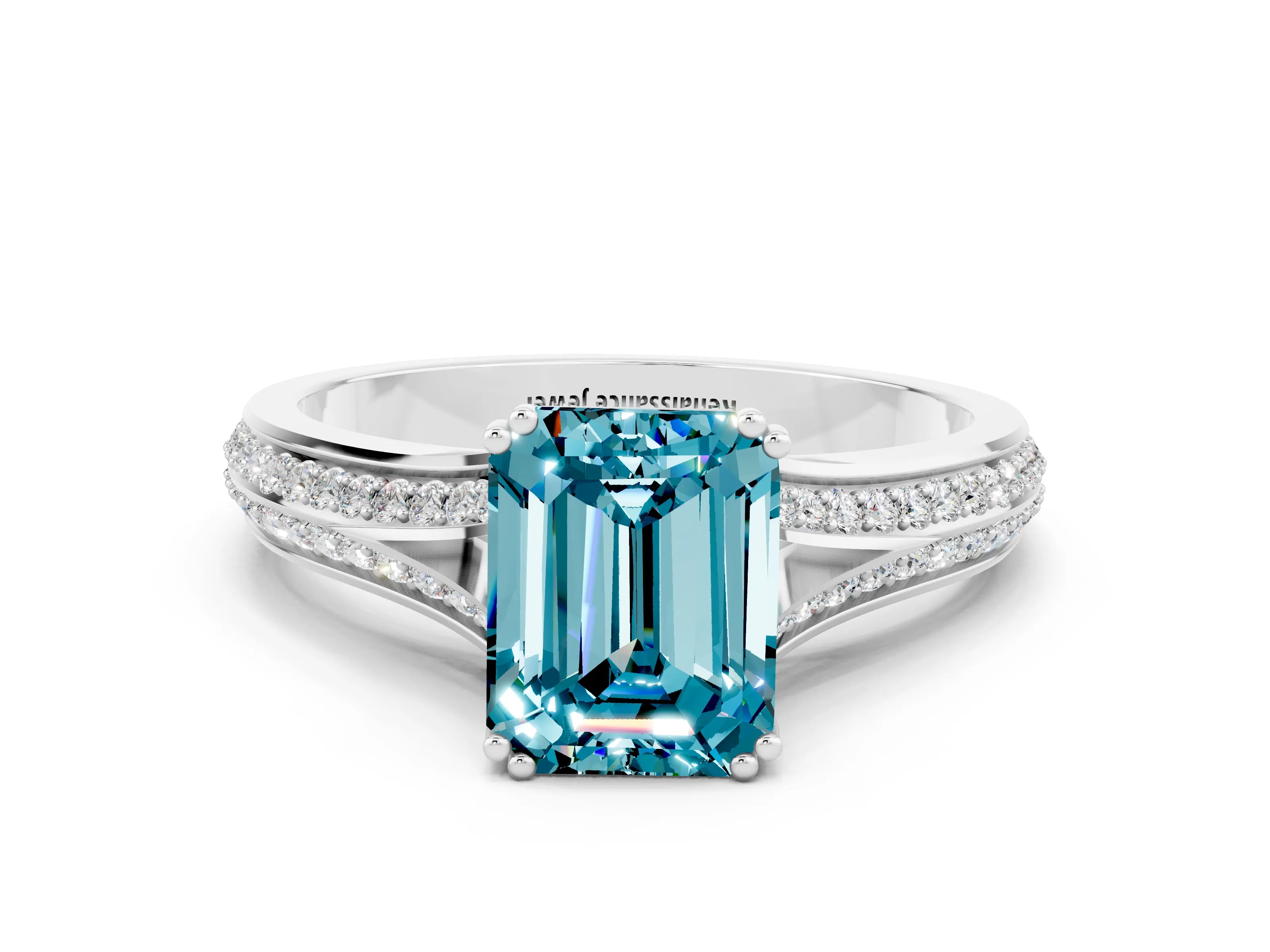 White gold Emerald Cut Blue Topaz Split Shank Engagement Ring with Pavé Band
