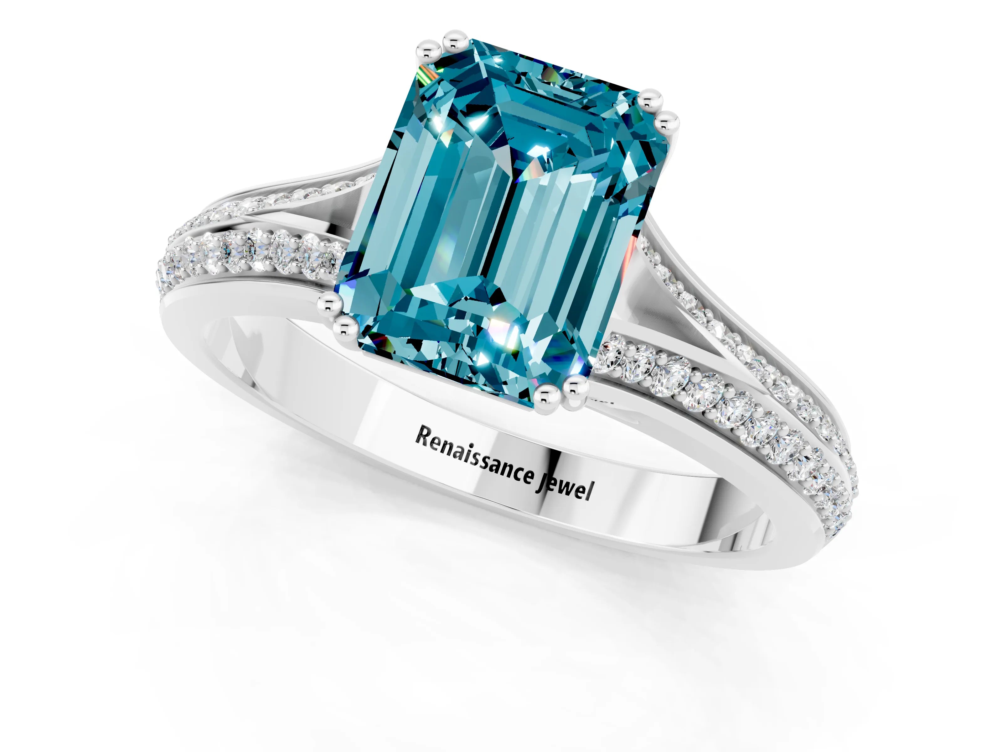 White gold Emerald Cut Blue Topaz Split Shank Engagement Ring with Pavé Band_1