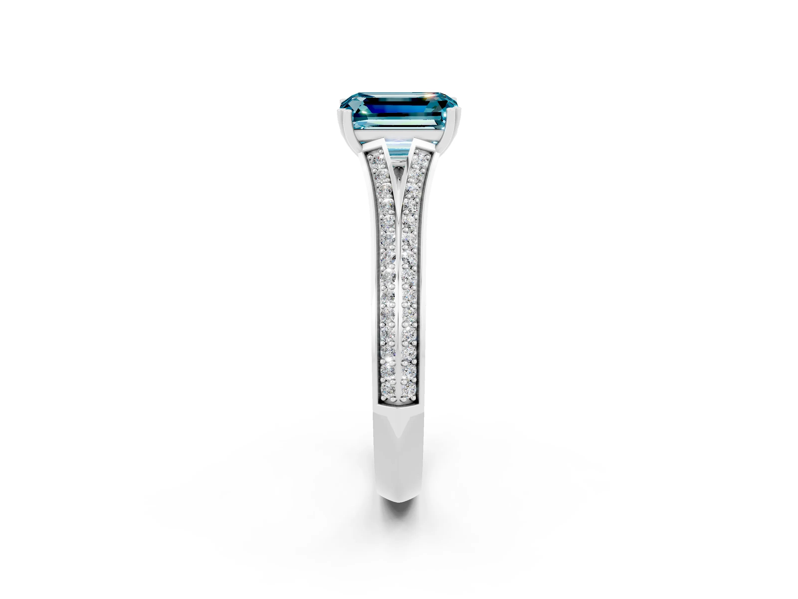 White gold Emerald Cut Blue Topaz Split Shank Engagement Ring with Pavé Band_2