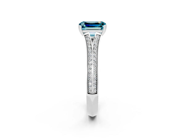 Platinum Emerald Cut Blue Topaz Split Shank Engagement Ring with Pavé Band