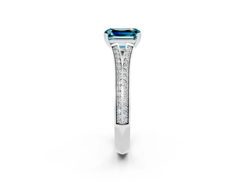 White gold Emerald Cut Blue Topaz Split Shank Engagement Ring with Pavé Band_2