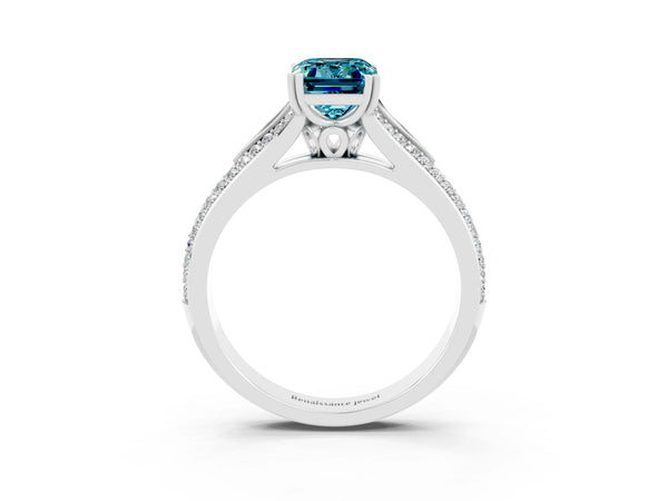 Silver Emerald Cut Blue Topaz Split Shank Engagement Ring with Pavé Band