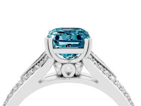White gold Emerald Cut Blue Topaz Split Shank Engagement Ring with Pavé Band_4