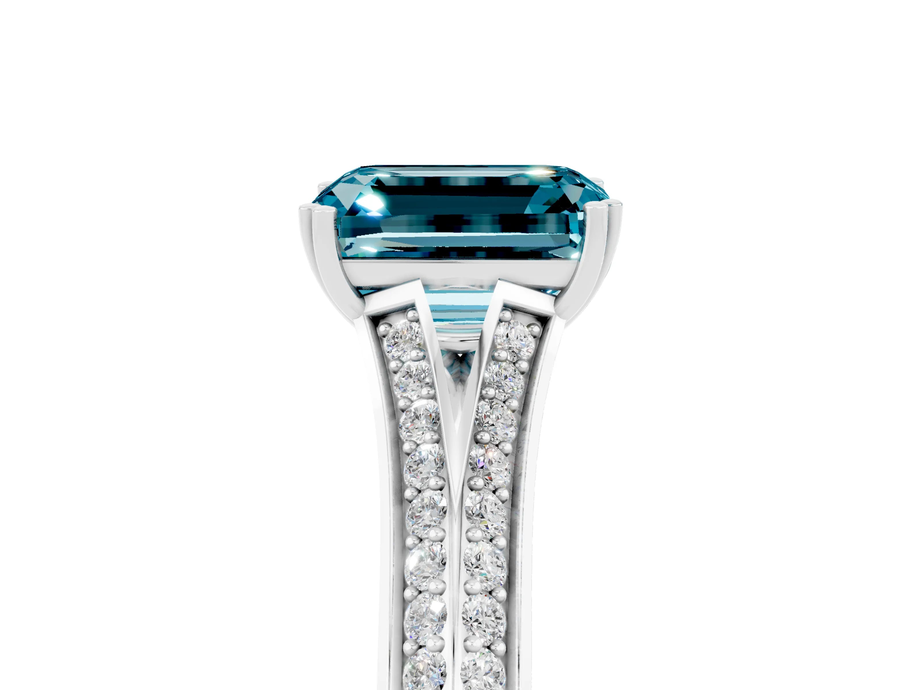 White gold Emerald Cut Blue Topaz Split Shank Engagement Ring with Pavé Band_5
