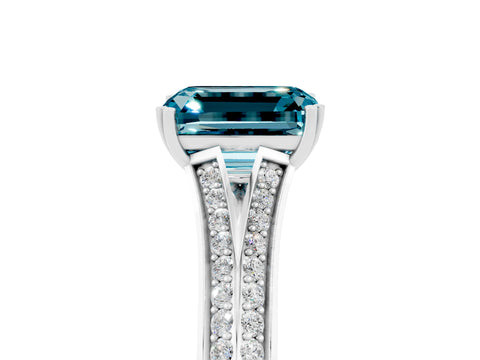 White gold Emerald Cut Blue Topaz Split Shank Engagement Ring with Pavé Band_5
