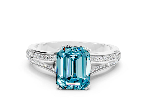 Silver Emerald Cut Blue Topaz Split Shank Engagement Ring with Pavé Band