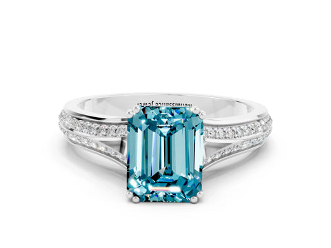 White gold Emerald Cut Blue Topaz Split Shank Engagement Ring with Pavé Band