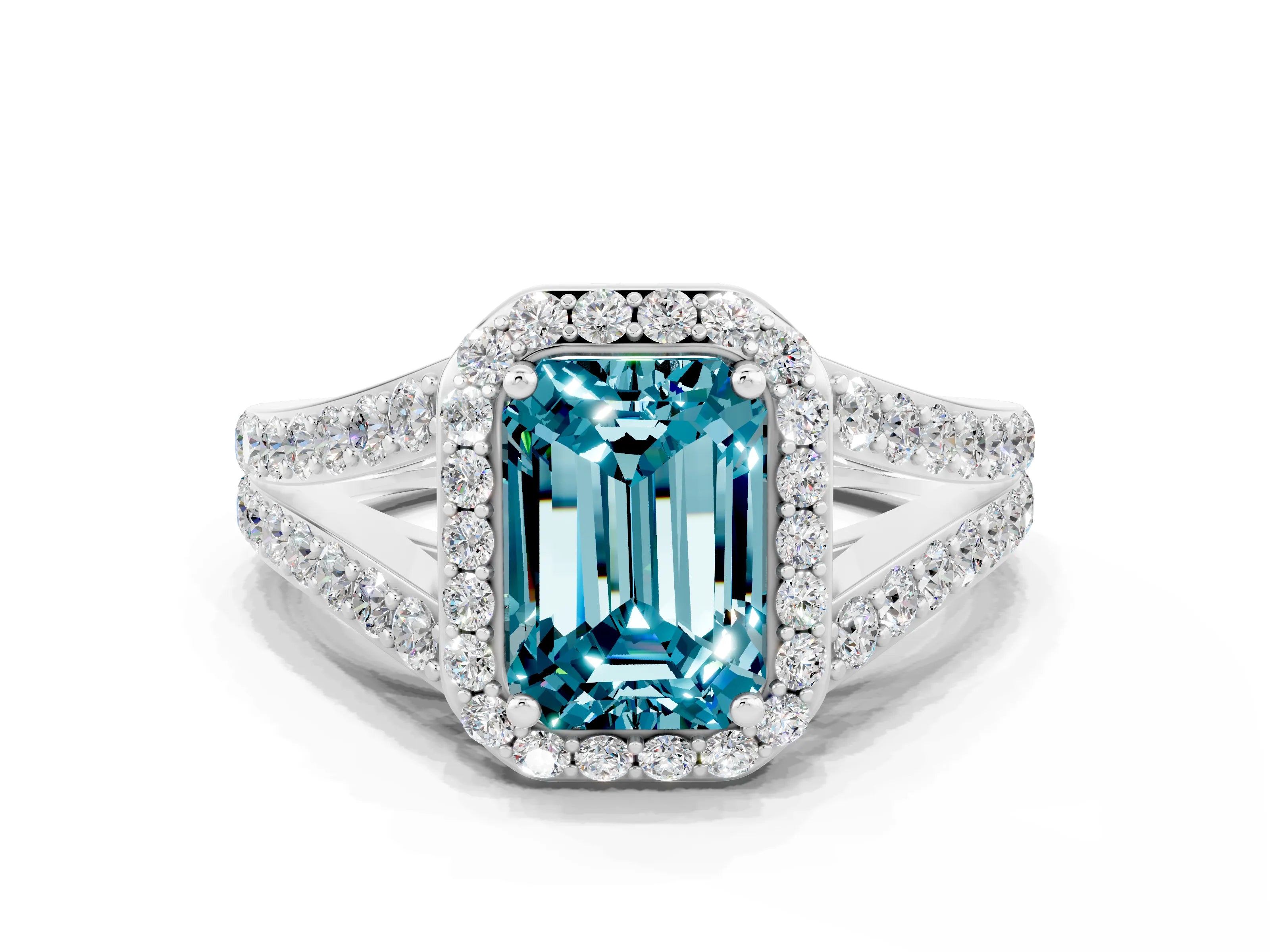 White gold Emerald Cut Blue Topaz Split Shank Halo Ring with Four-Prong Setting_12