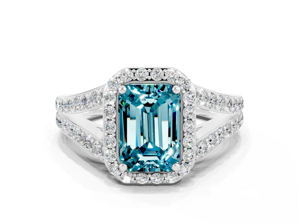 Silver Emerald Cut Blue Topaz Split Shank Halo Ring with Four-Prong Setting