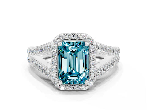 White gold Emerald Cut Blue Topaz Split Shank Halo Ring with Four-Prong Setting_12
