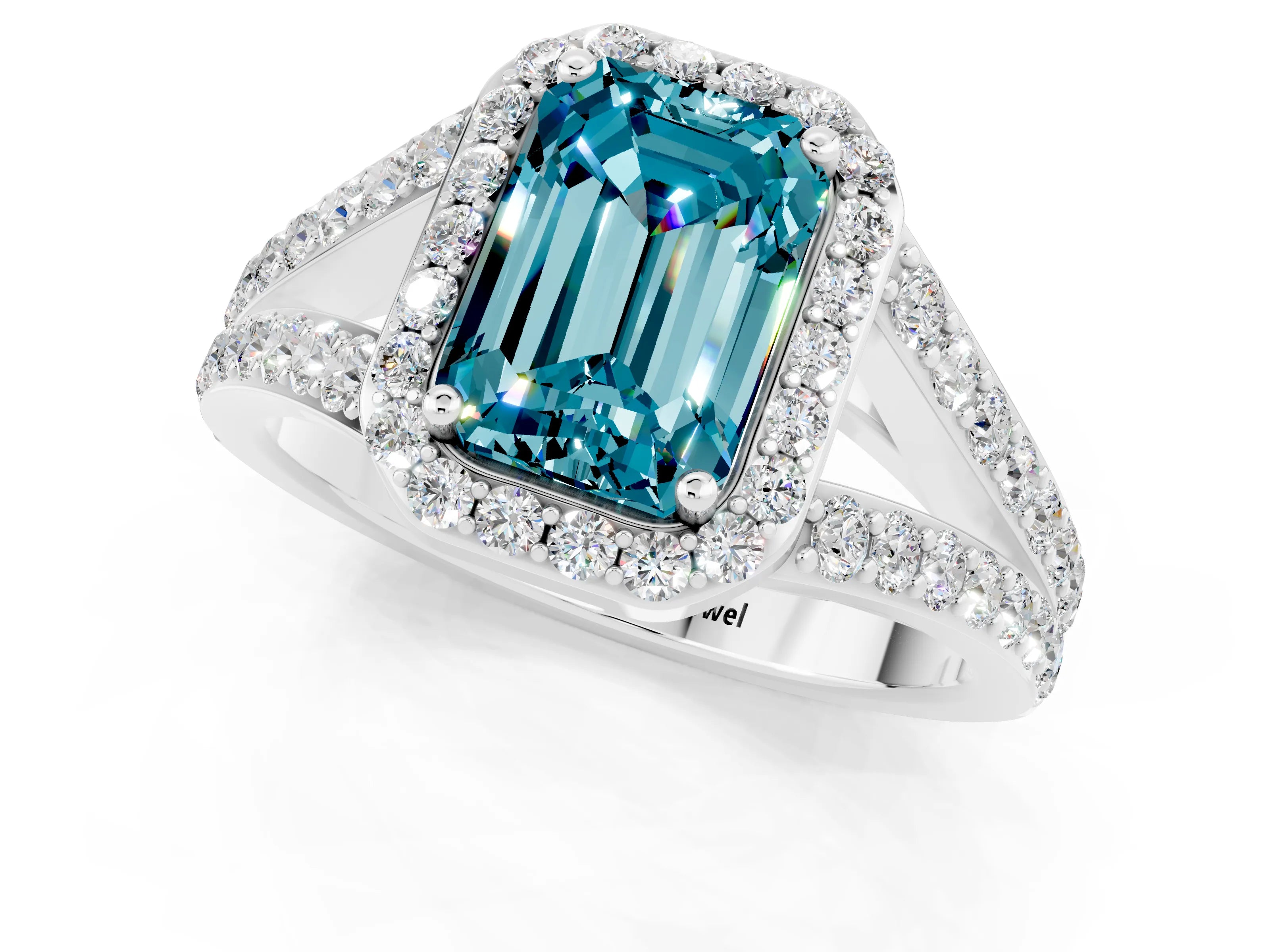 White gold Emerald Cut Blue Topaz Split Shank Halo Ring with Four-Prong Setting_13
