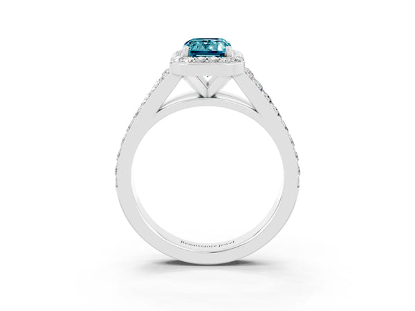 Platinum Emerald Cut Blue Topaz Split Shank Halo Ring with Four-Prong Setting