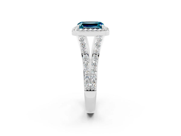 White gold Emerald Cut Blue Topaz Split Shank Halo Ring with Four-Prong Setting