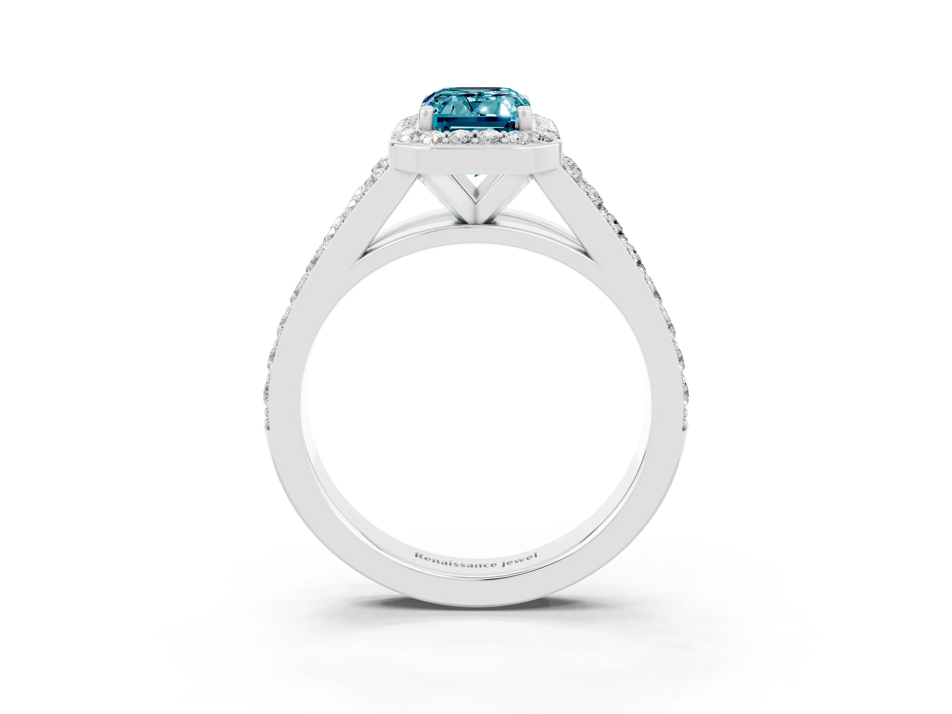 White gold Emerald Cut Blue Topaz Split Shank Halo Ring with Four-Prong Setting_27