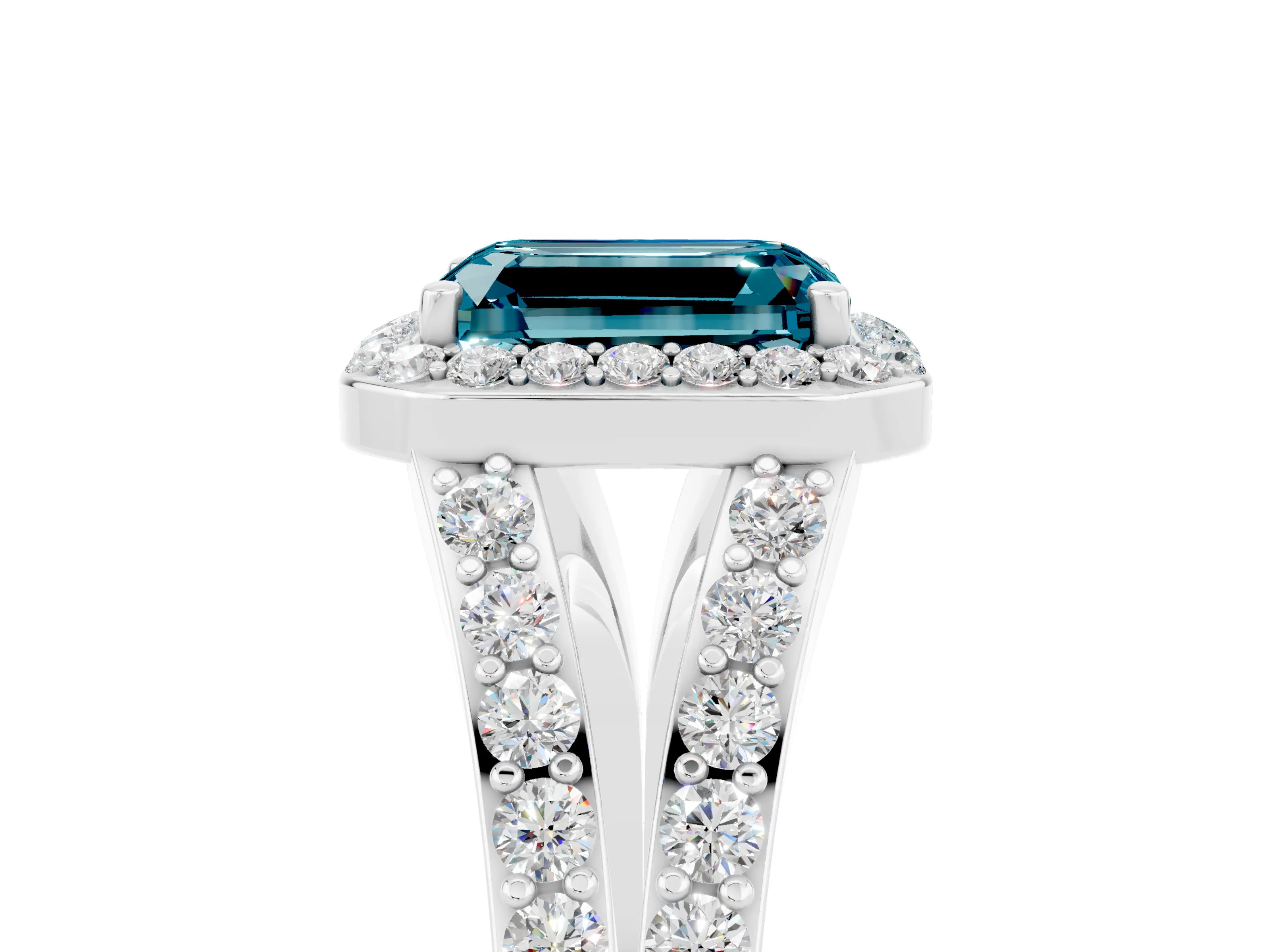 White gold Emerald Cut Blue Topaz Split Shank Halo Ring with Four-Prong Setting_29