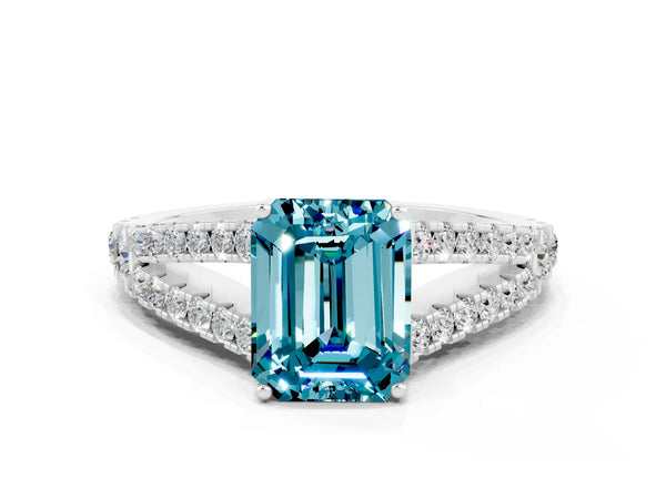 White gold Emerald Cut Blue Topaz Split Shank Pavé Engagement Ring with Four-Prong Setting