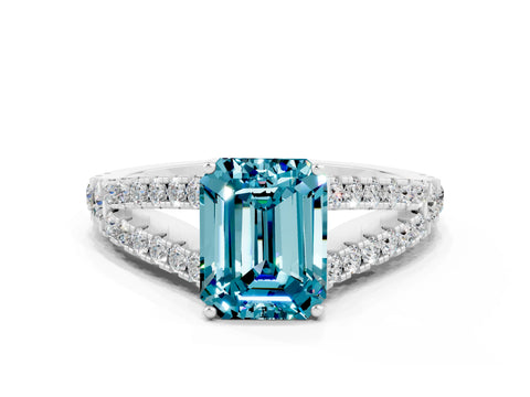 White gold Emerald Cut Blue Topaz Split Shank Pavé Engagement Ring with Four-Prong Setting_12