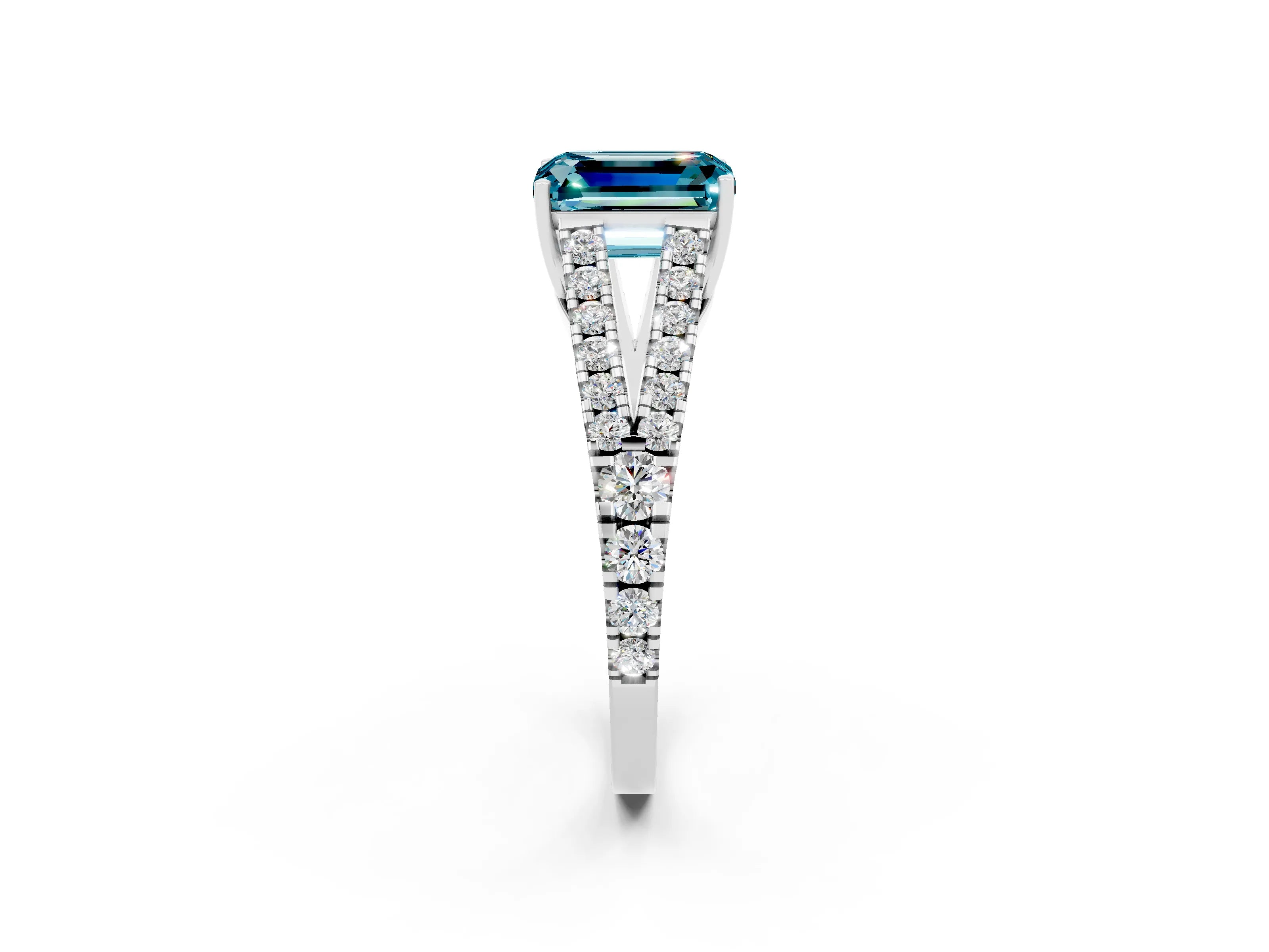 White gold Emerald Cut Blue Topaz Split Shank Pavé Engagement Ring with Four-Prong Setting_14