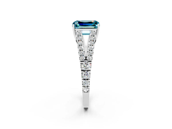 White gold Emerald Cut Blue Topaz Split Shank Pavé Engagement Ring with Four-Prong Setting