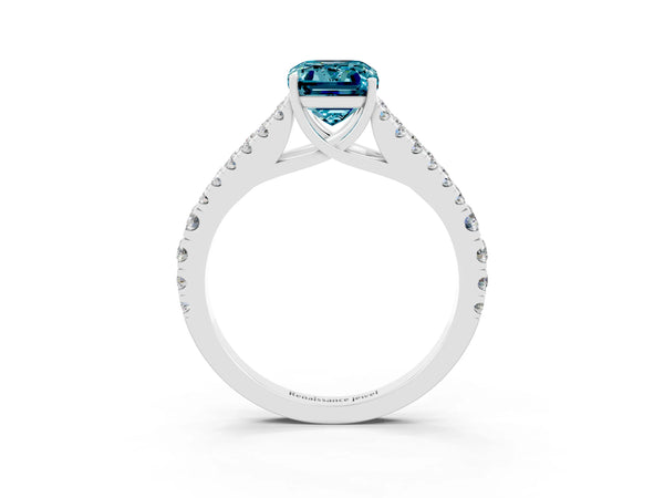 Silver Emerald Cut Blue Topaz Split Shank Pavé Engagement Ring with Four-Prong Setting