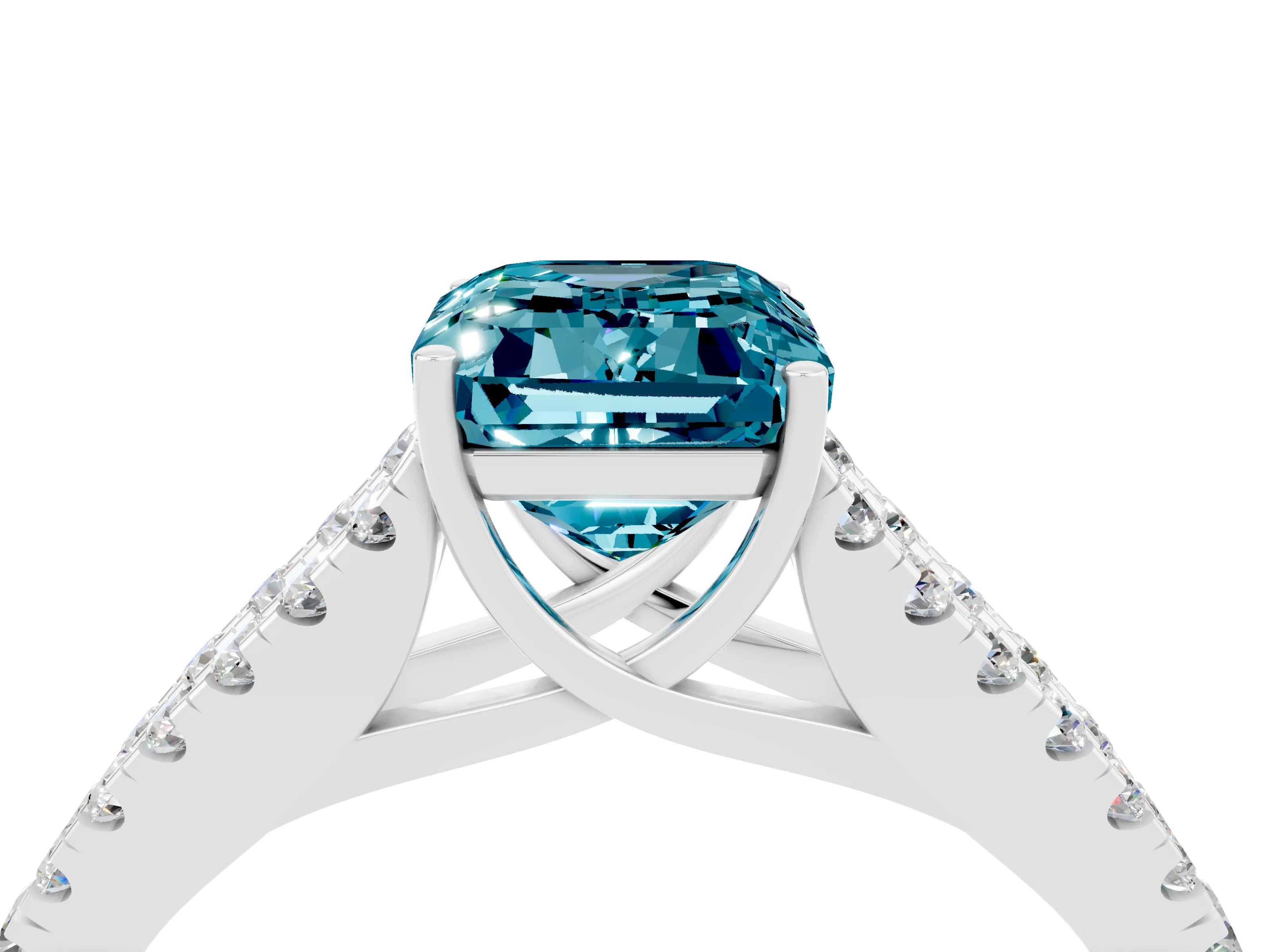 White gold Emerald Cut Blue Topaz Split Shank Pavé Engagement Ring with Four-Prong Setting_16