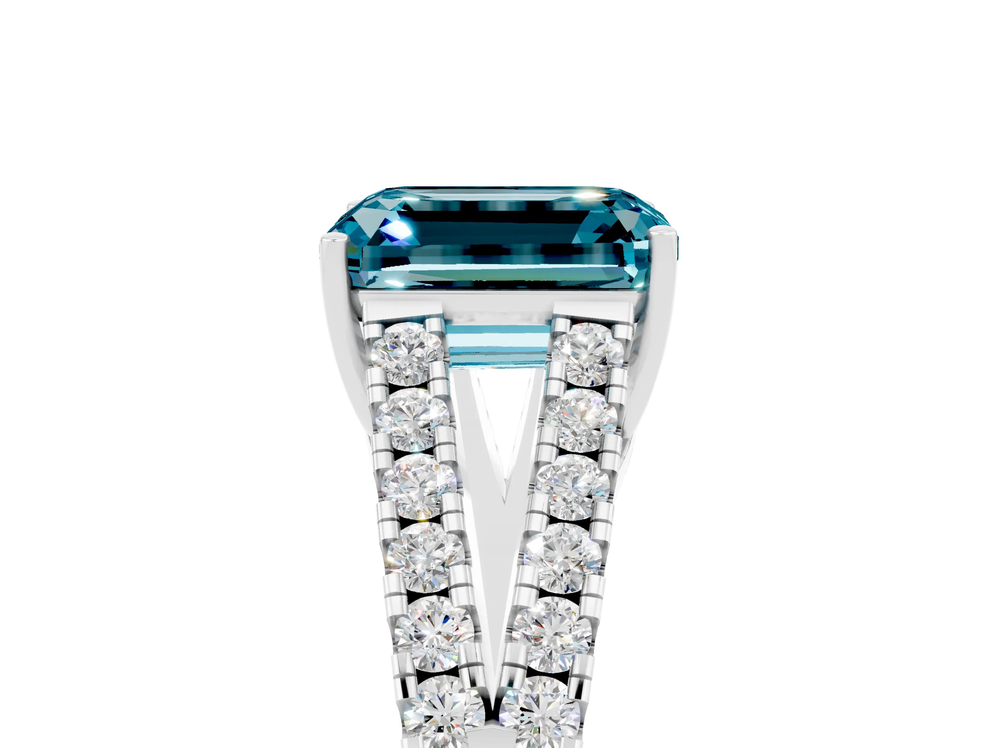 White gold Emerald Cut Blue Topaz Split Shank Pavé Engagement Ring with Four-Prong Setting_17