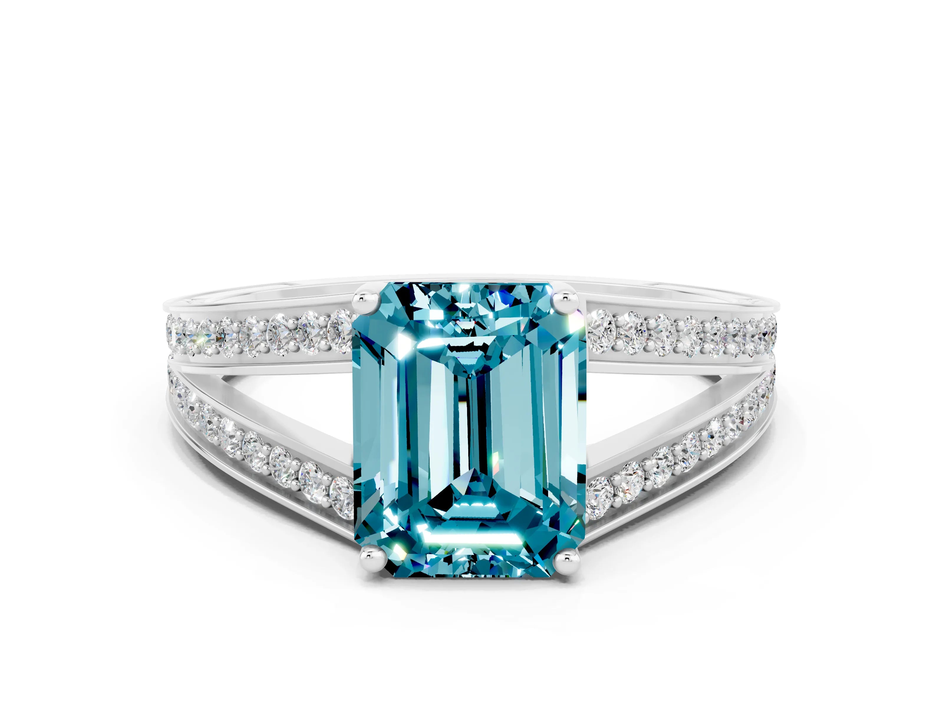 White gold Emerald Cut Blue Topaz Split Shank Ring with Pavé Band and Four-Prong Setting