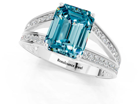 White gold Emerald Cut Blue Topaz Split Shank Ring with Pavé Band and Four-Prong Setting_1