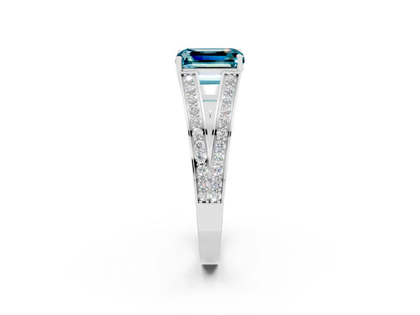 Platinum Emerald Cut Blue Topaz Split Shank Ring with Pavé Band and Four-Prong Setting