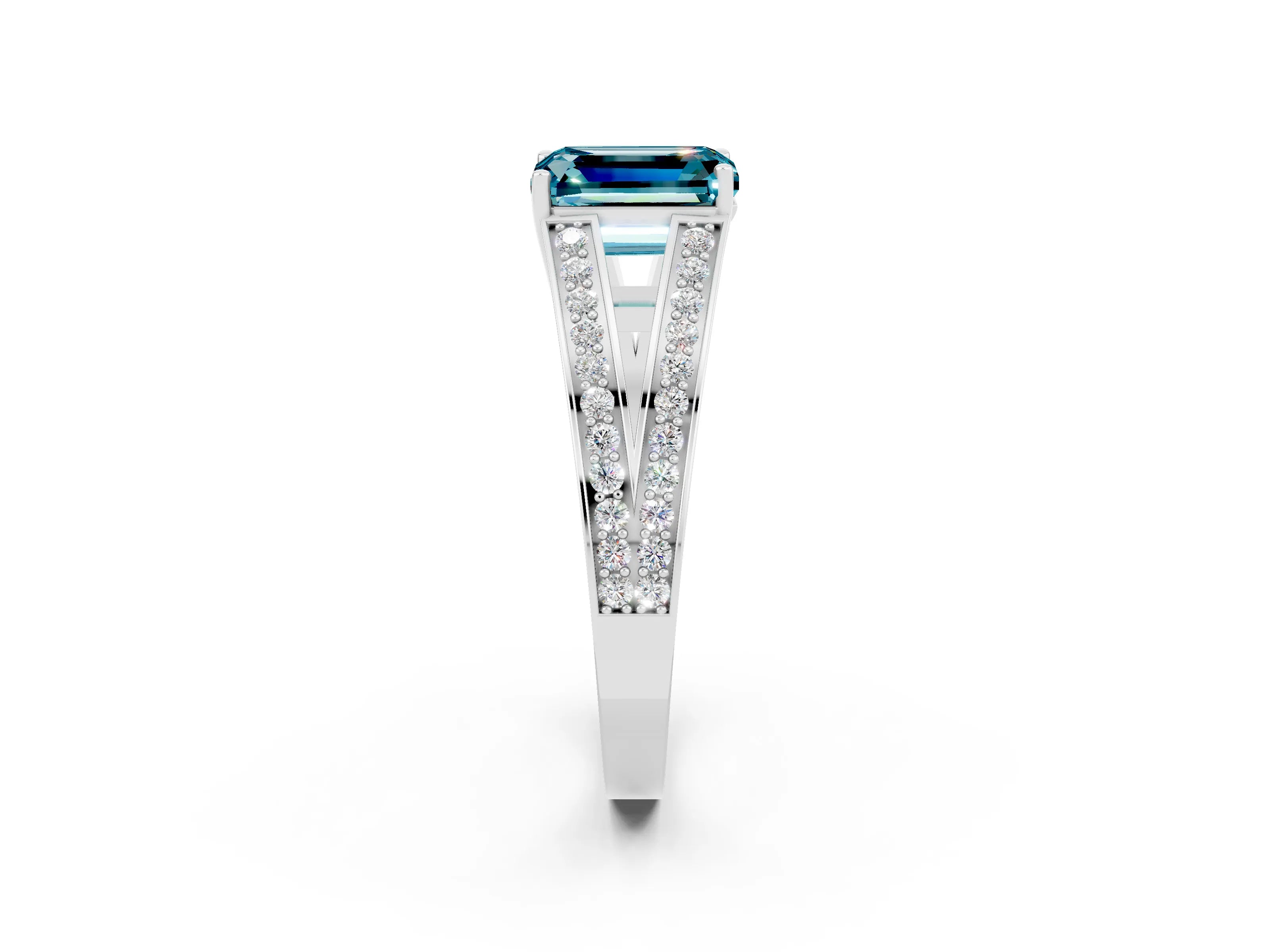 White gold Emerald Cut Blue Topaz Split Shank Ring with Pavé Band and Four-Prong Setting_2
