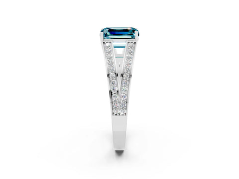 White gold Emerald Cut Blue Topaz Split Shank Ring with Pavé Band and Four-Prong Setting_2