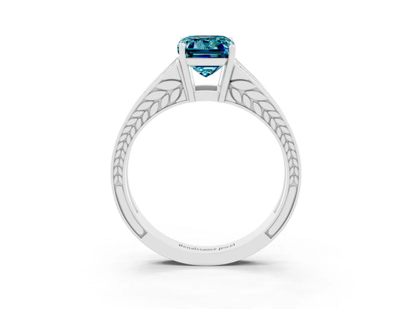 White gold Emerald Cut Blue Topaz Split Shank Ring with Pavé Band and Four-Prong Setting