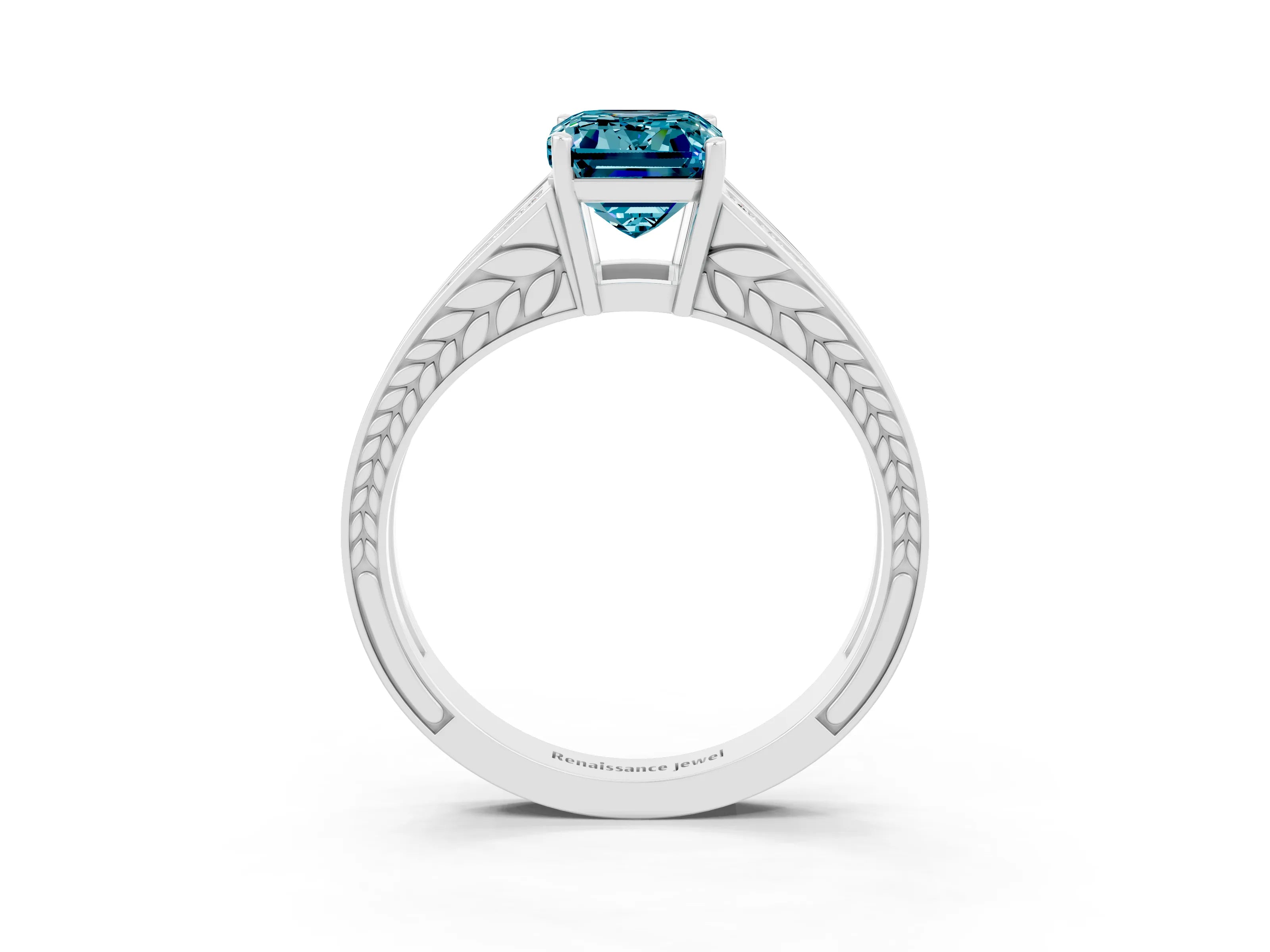 White gold Emerald Cut Blue Topaz Split Shank Ring with Pavé Band and Four-Prong Setting_3