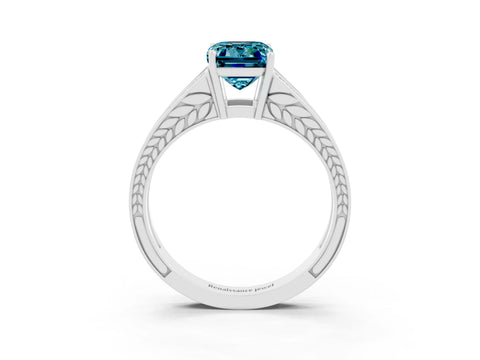 White gold Emerald Cut Blue Topaz Split Shank Ring with Pavé Band and Four-Prong Setting_3