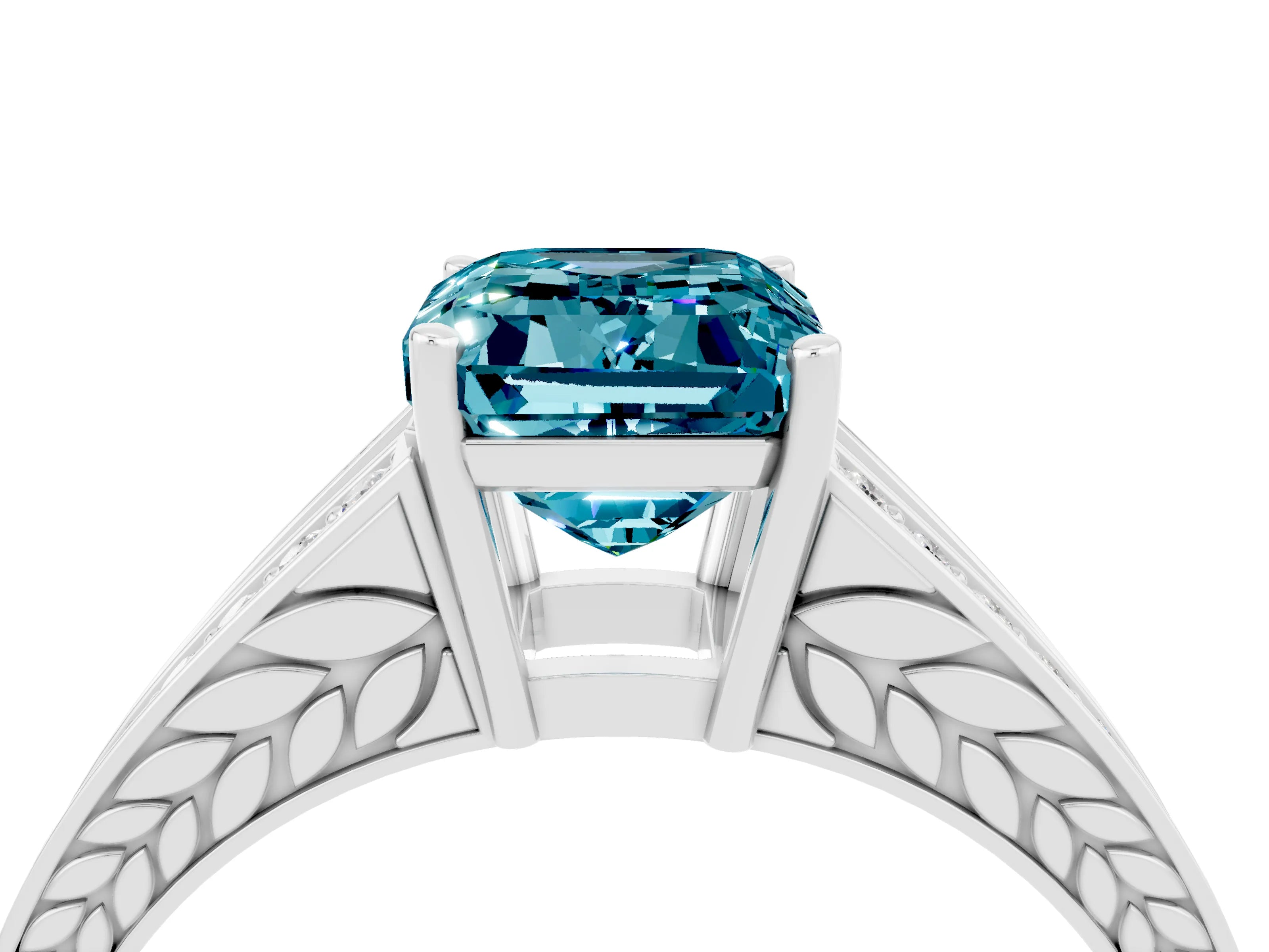 White gold Emerald Cut Blue Topaz Split Shank Ring with Pavé Band and Four-Prong Setting_4