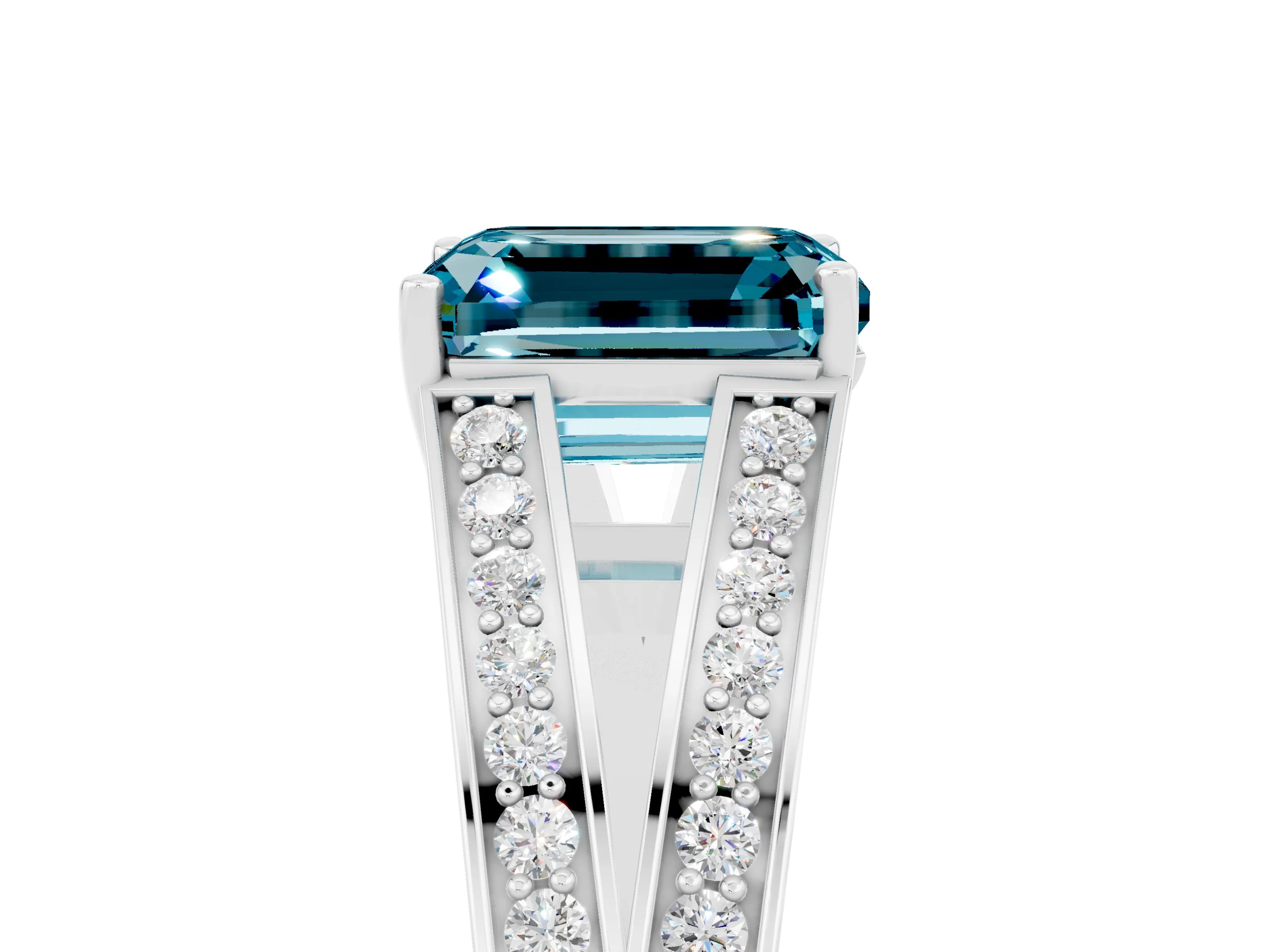 White gold Emerald Cut Blue Topaz Split Shank Ring with Pavé Band and Four-Prong Setting_5