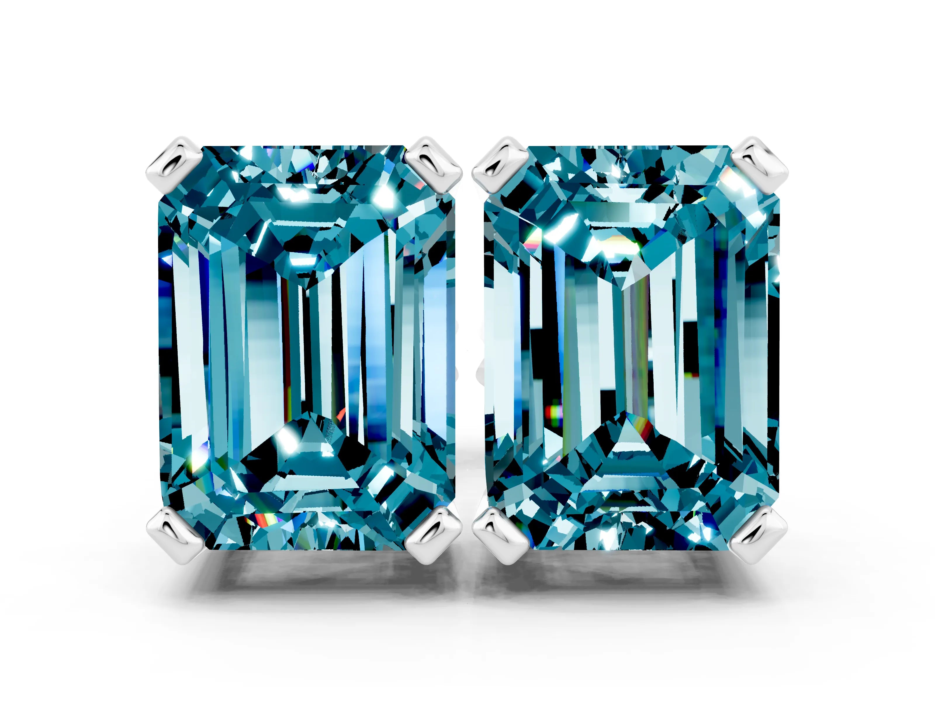 White gold Emerald Cut Blue Topaz Stud Earrings_30