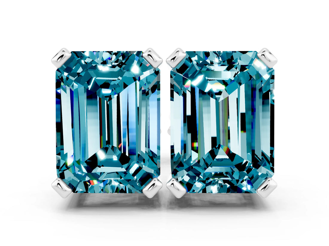 White gold Emerald Cut Blue Topaz Stud Earrings_30