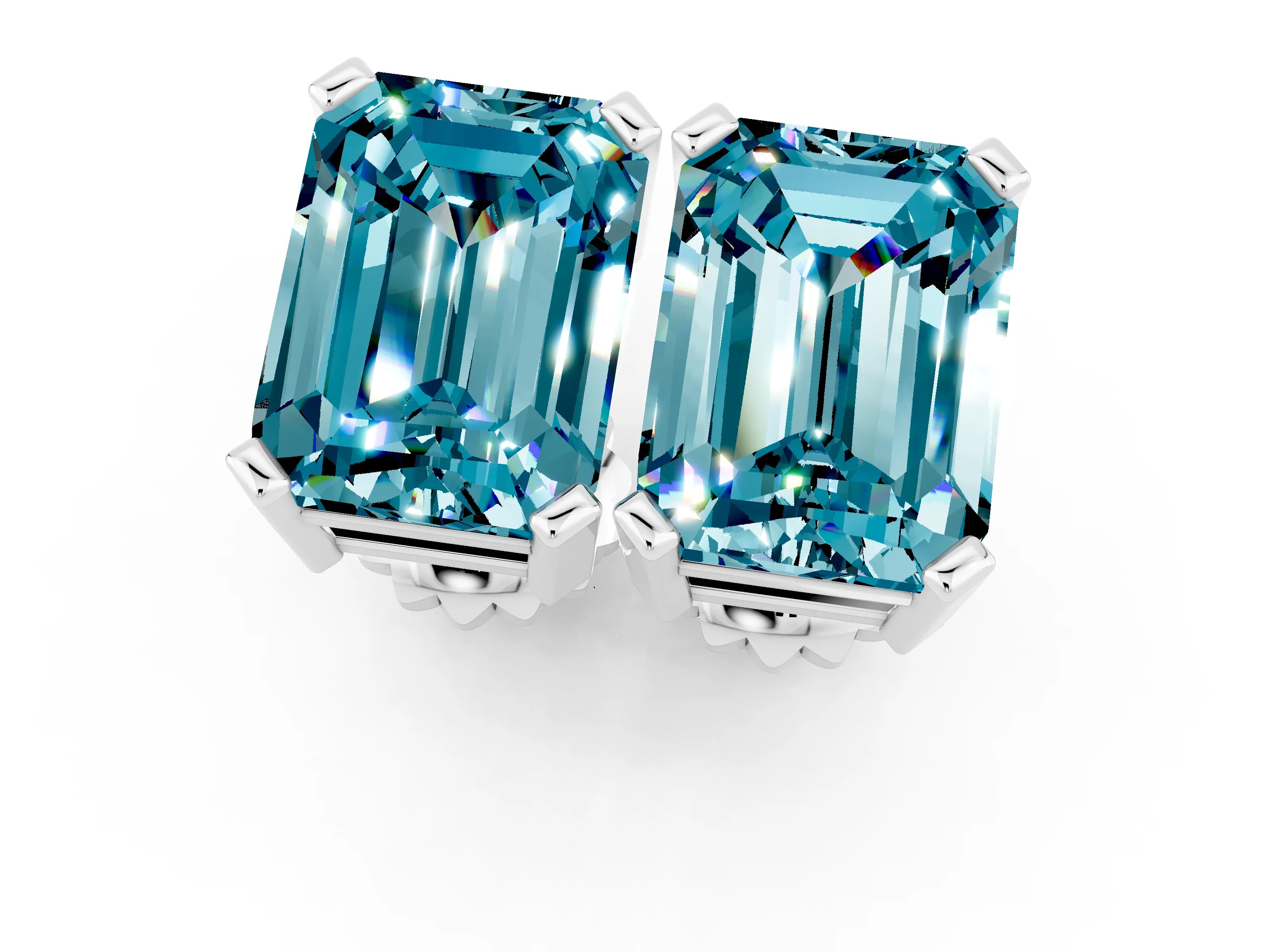 White gold Emerald Cut Blue Topaz Stud Earrings_31